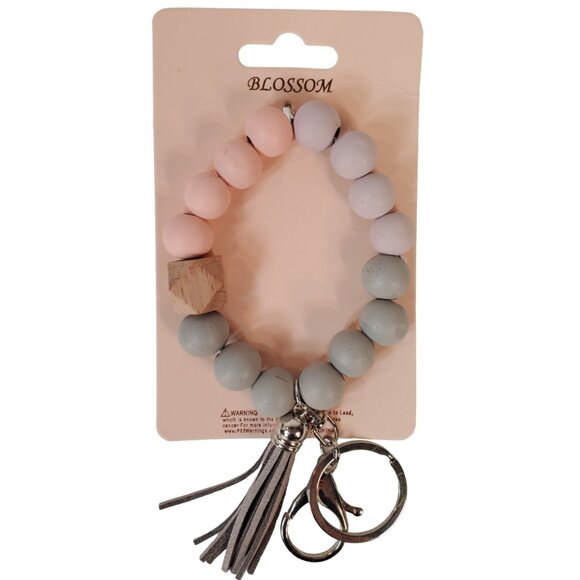 Blossom - Pink, Lavendar, Grey & Beige Beaded Wristlet Keychain w/ Tassel. - Picture 4 of 5